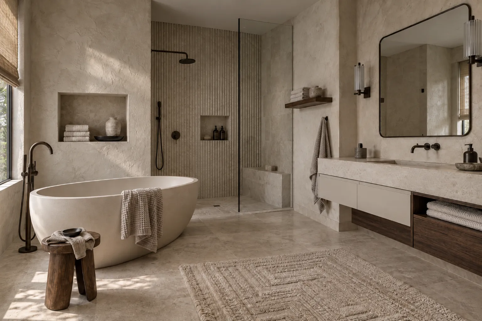Fildişi ve bej tonların hakim olduğu bu modern banyo tasarımında, doğal ışık alan geniş penceresiyle ferah bir atmosfer sunan serbest duran küvet, cam duşakabin, koyu armatürler ve ahşap detaylarla zenginleşen lavabo ünitesi öne çıkıyor.