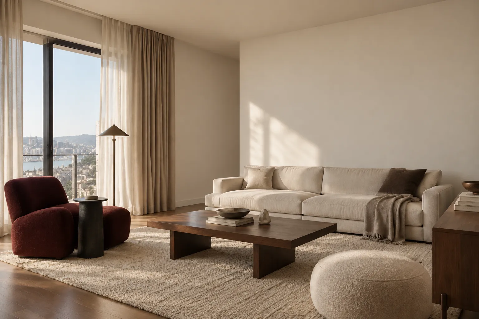 Modern ve davetkar bir oturma odası, pencereden görünen şehir manzarasıyla aydınlanırken, bej tonlarındaki büyük koltuk, bordo tekli koltuk ve ahşap sehpa ile sıcak bir atmosfer sunuyor; bu zarif fildişi dekorasyon, rahat ve şık bir yaşam alanı yaratıyor.