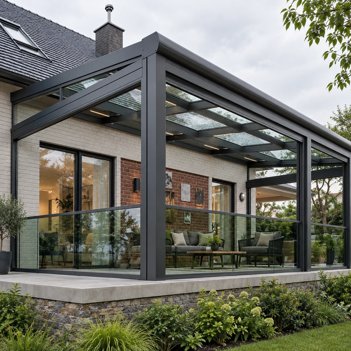 Gri metal profilli ve cam tavanlı modern bir kış bahçesi, dışarıda yeşil bitkilerle çevrili bir bahçenin önünde, açık renkli tuğla duvarlı bir villaya şık bir şekilde entegre edilmiş olup, ısı yalıtımlı camlarıyla konforlu bir dış yaşam alanı sunmaktadır.
