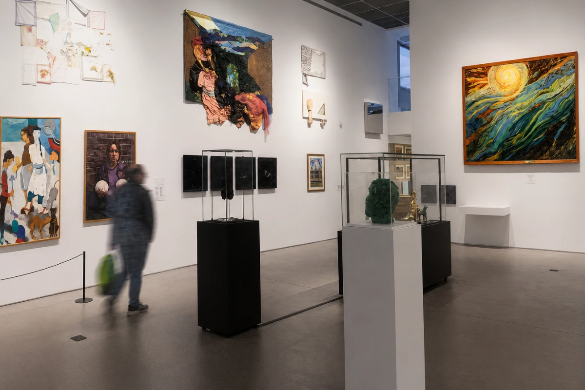 Geniş ve aydınlık bir sergi salonunda, beyaz duvarlarda asılı duran farklı boyutlarda soyut ve figüratif tablolar, cam vitrinlerde sergilenen heykeller ve modern sanat eserleri arasında, Koç Topluluğu ve Sanat sergisinin Yüzyılın İzleri temasını yansıtan eserleri inceleyen bir ziyaretçi.