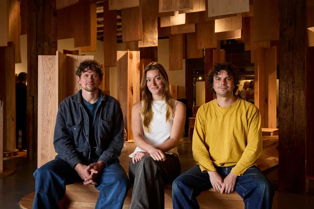 Üç genç tasarımcı, Londra Tasarım Festivali kapsamında Shoreditch Tab Centre'da yer alan Wood for the Trees adlı enstalasyonda, ahşabın ormandan mobilyaya yolculuğunu gözler önüne seren farklı ahşap panellerin ve levhaların oluşturduğu doğal dokulu fonun önünde kameraya bakıyor.