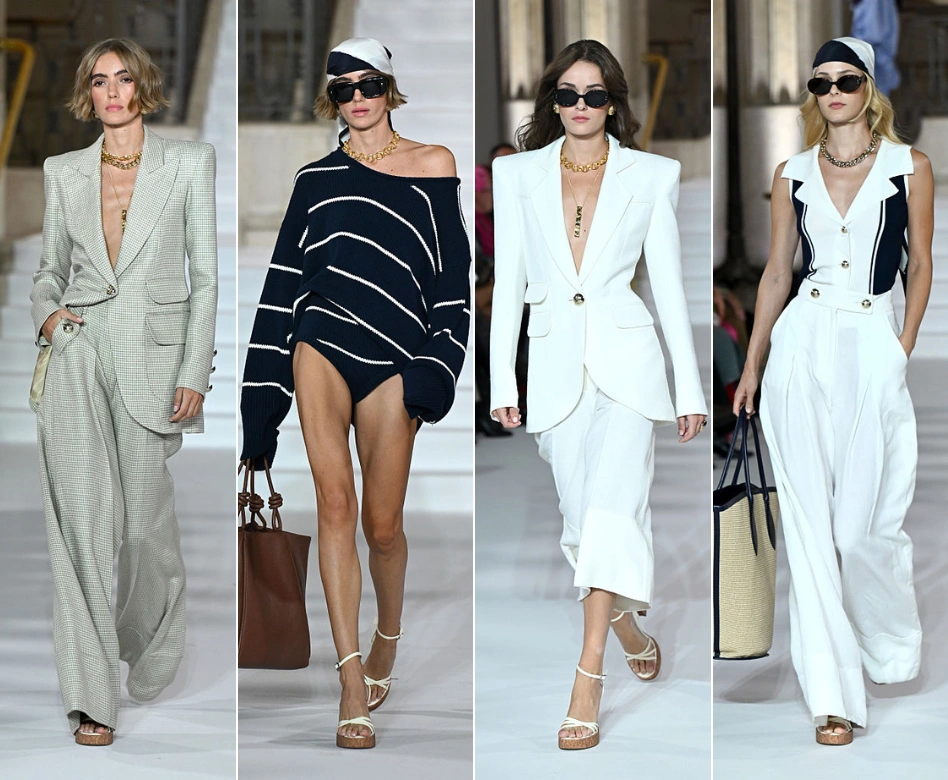 Paul Costelloe'nun Londra Moda Haftası defilesinde podyumda yürüyen dört model, ekose açık gri bir takım elbise, çizgili omuz dekolteli lacivert kazak ve külot, beyaz blazer takım ve marin esintili beyaz geniş paçalı pantolonlu bir üst ile yazlık şıklığı sergiliyor.