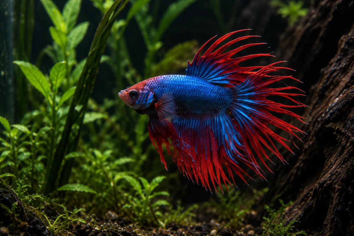 Mavi ve kırmızı crowntail beta balığı, doğal kökler ve yeşil bitkiler arasında.