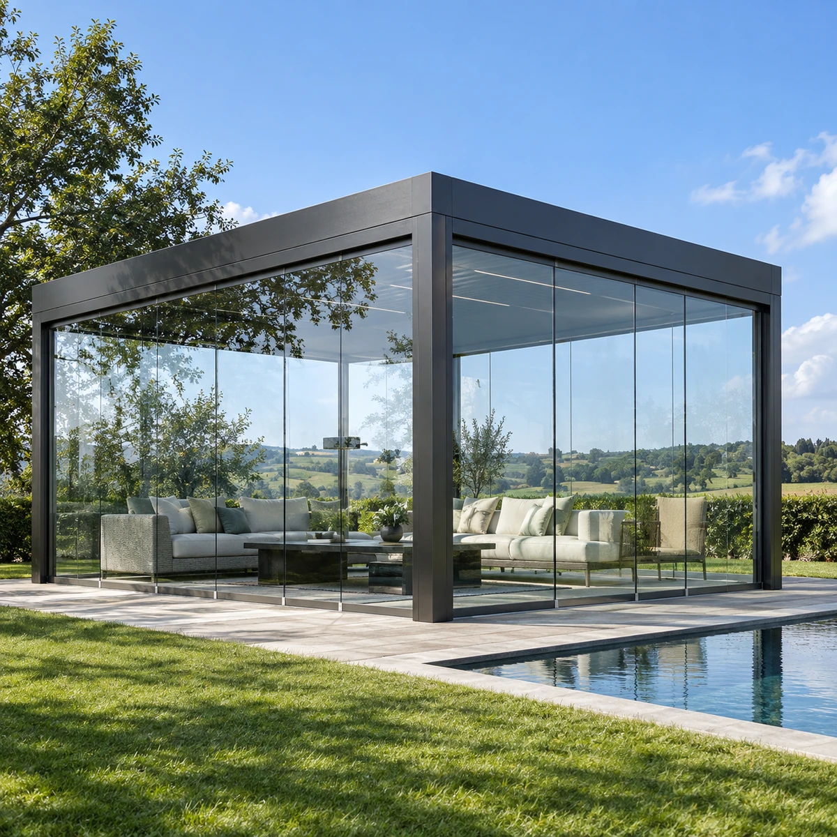 Müstakil bir bahçede bulunan, siyah çerçeveli, şeffaf cam duvarlara sahip bu modern minimalist cam oda tasarımı, içindeki konforlu oturma grupları ve hemen yanındaki yüzme havuzuyla yemyeşil kırsal manzarayı net bir şekilde sunarak şık ve ferah bir yaşam alanı vadediyor.