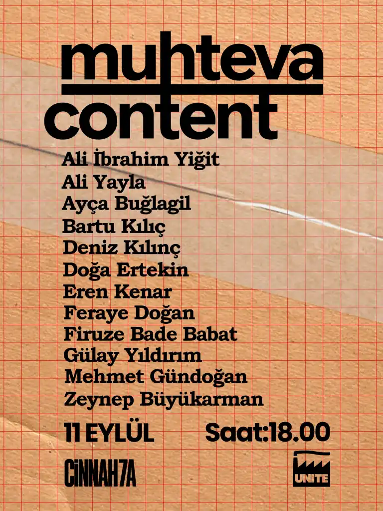 Izgara desenli kahverengi bir arka plan üzerinde, siyah kalın harflerle MUHTEVA ve content başlıklarının yer aldığı, Ali İbrahim Yiğit ve diğer birçok sanatçının eserlerini içeren Ankara'daki serginin 11 Eylül saat 18.00'de Cinnah7A'da gerçekleşeceğini duyuran bilgilendirme afişi.