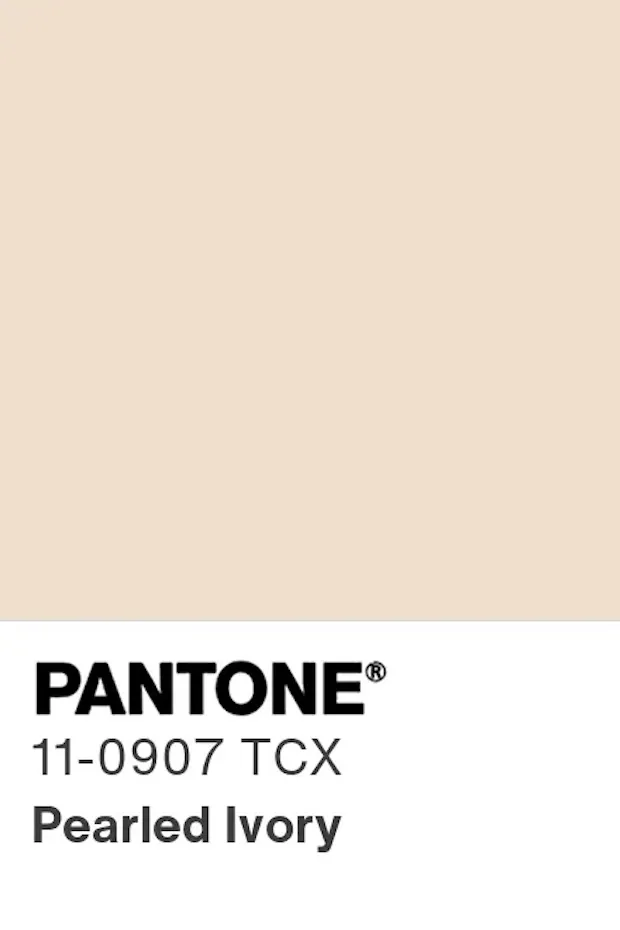 Pantone 11-0907 TCX Pearled Ivory rengini temsil eden bu görselde, markanın logosu ve kod bilgisiyle birlikte yumuşak, açık bej tonlarında düz bir renk örneği geniş bir alanı kaplamaktadır.