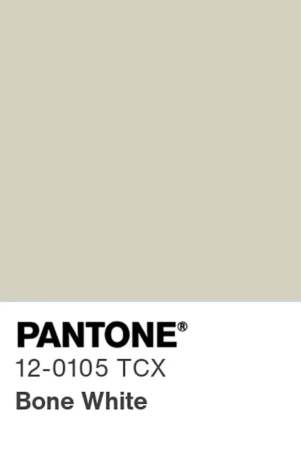 Bir Pantone renk kartelası, üst kısmında kemik beyazı (Bone White) tonunu sergileyen geniş bir dikdörtgen örnek, alt kısımda ise siyah harflerle PANTONE logosu ve bunun altında 12-0105 TCX Bone White renk kodu ve adını göstermektedir.