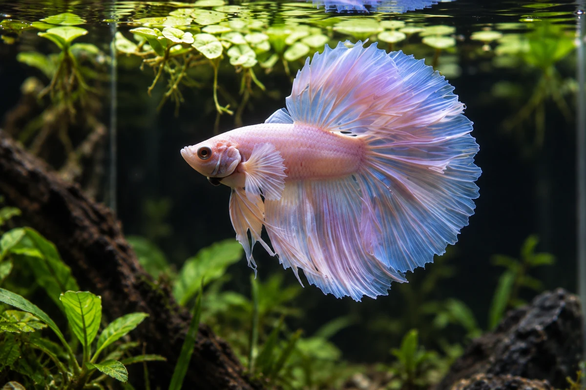 Pastel pembe ve lila tonlarında beta balığı, yeşil bitkilerle çevrili akvaryumda.