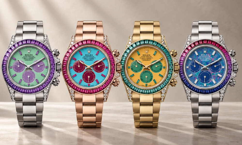 Phillips bağışıyla gündeme gelen dörtlü Rolex Four Seasons Daytona saatleri, pırlantalarla süslenmiş gümüş, pembe altın ve sarı altın kasalarıyla birlikte, her birinin kadranını ve bezellerini mevsime özel canlı renklerdeki değerli taşlarla bezeyerek lüks ve estetiği bir araya getiriyor.