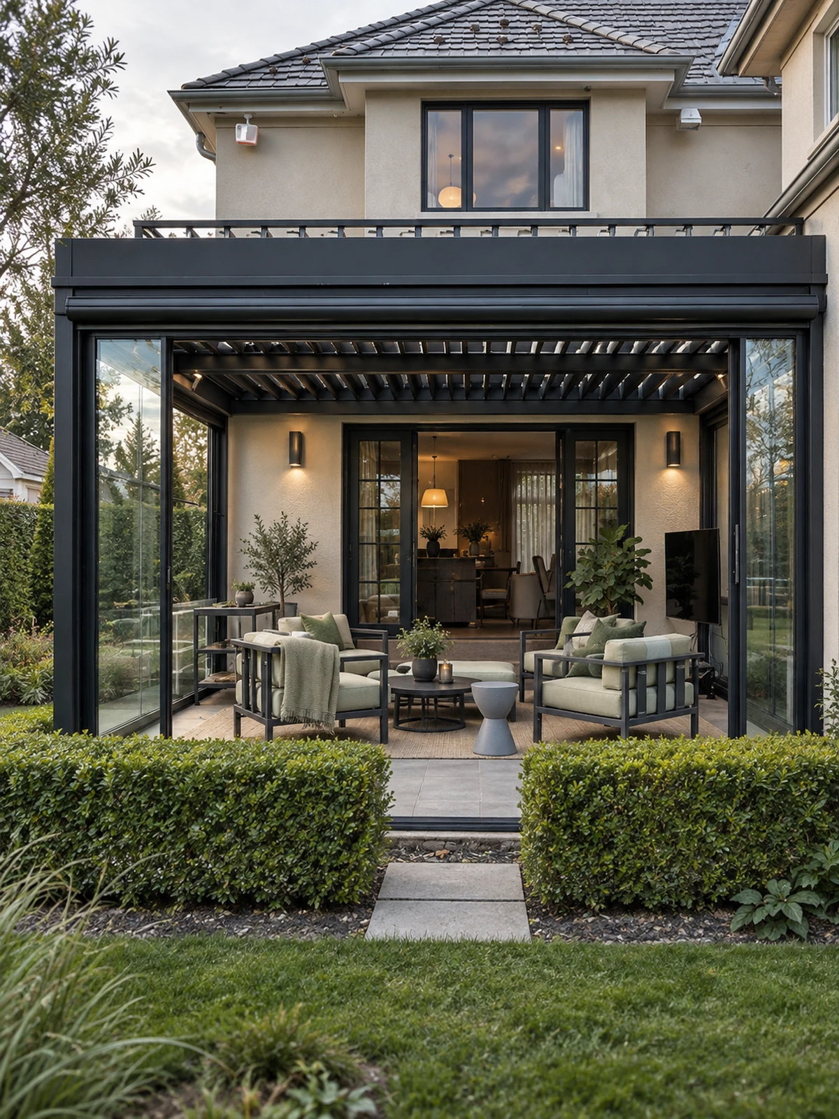 Villa cephesine entegre edilmiş, modern tasarımlı, koyu renkli bir rolling roof sistemi ve cam panellerle çevrili şık bir kış bahçesi modeli görülüyor; bu ferah alanda açık yeşil minderli konforlu oturma grupları, orta sehpa ve bitkiler yer alırken, dışarıda yemyeşil bir bahçe ve düzenli çitler estetik bir görünüm sunuyor.