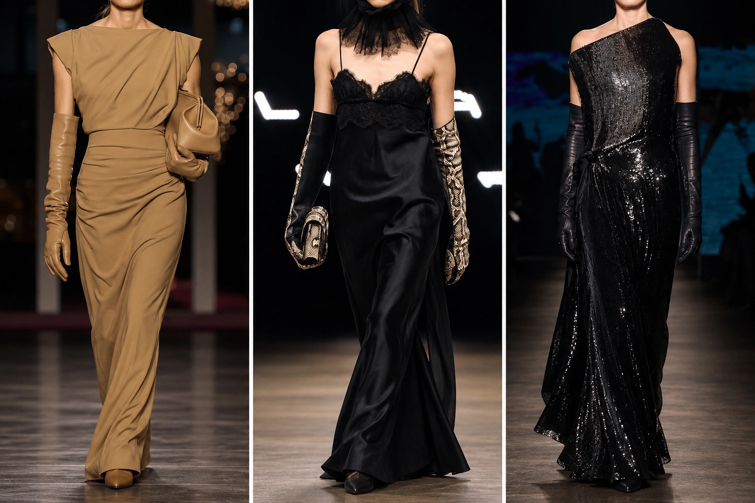 Sonbahar-kış aksesuar trendleri arasında öne çıkan opera boy eldivenlerin kullanıldığı, solunda deve tüyü rengi dökümlü bir elbise ve eldivenli bir model, ortada siyah dantelli elbise ve yılan derisi desenli eldivenli bir model, sağında ise tek omuz siyah payetli elbise ve düz siyah eldiven giymiş bir modelin yer aldığı üçlü bir podyum görüntüsü.