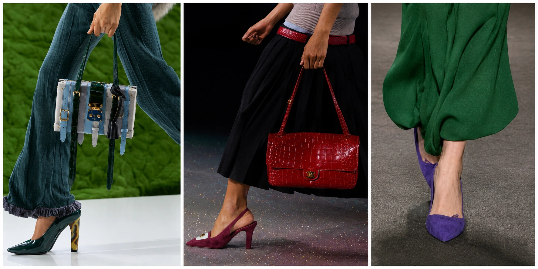 Sonbahar-kış ayakkabı trendlerini yansıtan bu geniş görselde, yeşil blok topuklu stiletto, kırmızı timsah desenli askılı topuklu ayakkabı ve mor süet babetler gibi göz alıcı renklerdeki çeşitli ayakkabı modelleri ve onlara eşlik eden çantalar şık kombinlerle sunuluyor.