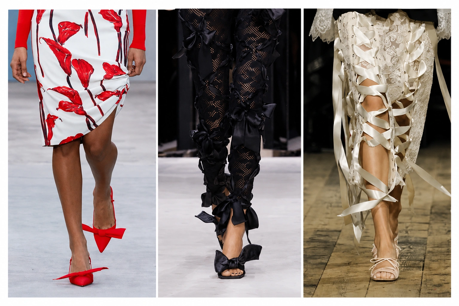 Üç farklı sonbahar-kış ayakkabı trendini sergileyen bu görselde, solda kırmızı büyük saten kurdeleli topuklu ayakkabılar ve kırmızı çiçek desenli etek, ortada siyah saten fiyonklarla süslü dantel pantolon ve ayakkabılar, sağda ise bej dantelli eteğin kenarlarından yukarıya doğru çapraz bağlanmış parlak saten kurdeleler ve açık renkli sandaletler dikkat çekiyor.
