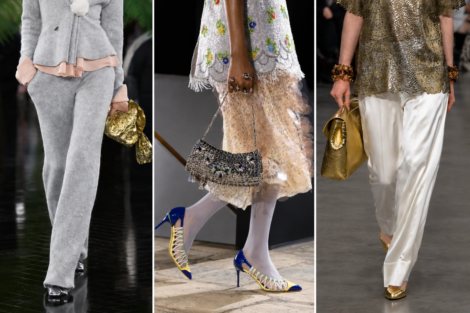 Sonbahar-kış çanta trendlerini yansıtan bu üçlü görselde, solda buruşuk altın rengi bir clutch, ortada boncuklu ve taşlı gümüş bir mini çanta, sağda ise yapılı altın rengi bir el çantası gibi farklı metalik çantalar şık kombinlerle sunuluyor.