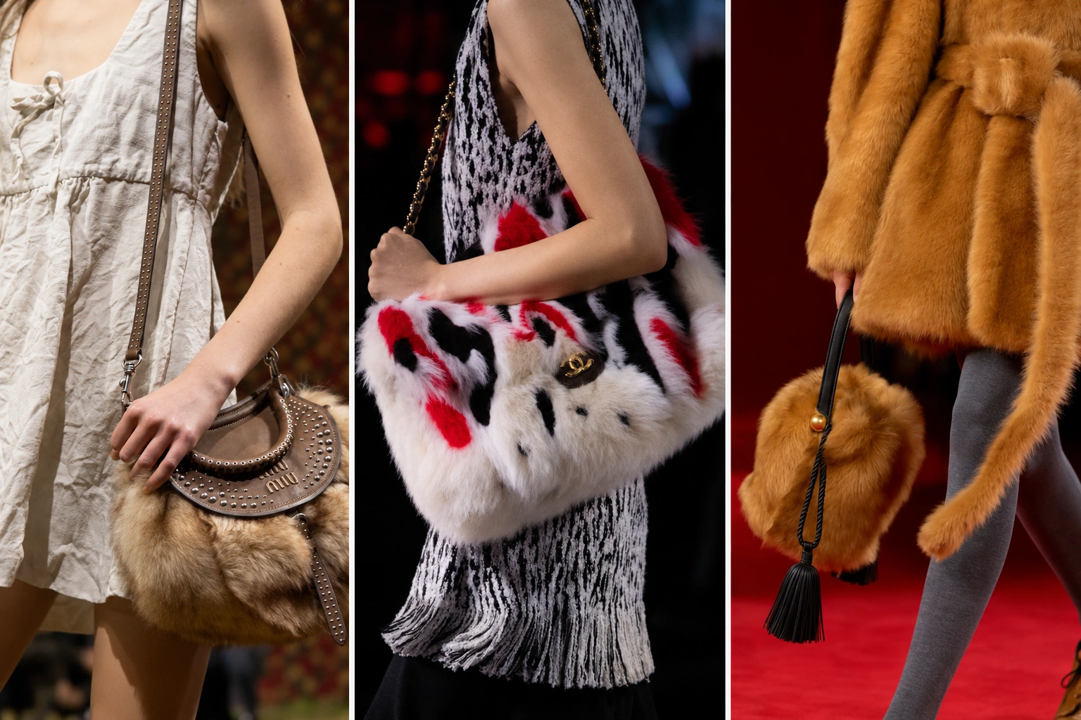 Podyumda sergilenen sonbahar kış çanta trendleri arasında, Miu Miu'nun zımbalı kahverengi kürklü çapraz askılı çantası, Chanel'in beyaz, kırmızı ve siyah benekli büyük tüylü omuz çantası ve püsküllü pas rengi kürklü küçük el çantası gibi yumuşak dokulu ve tüylü modellerle bir moda sunumu.