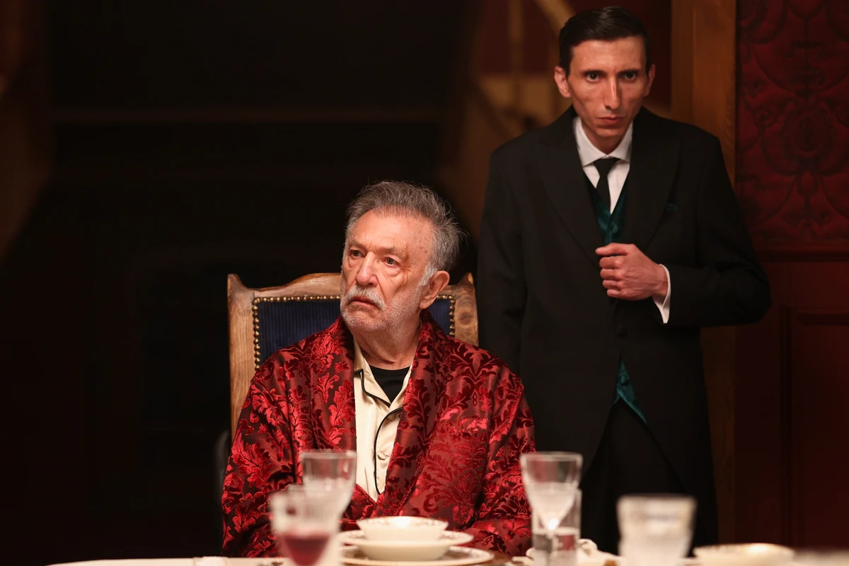 Soy filmi oyuncusu Tamer Levent'in kırmızı sabahlığıyla bir yemek masasında oturduğu, arkasında takım elbiseli genç bir adamın ciddi bir ifadeyle durduğu bu dramatik sahne, filmdeki gerilimli anları yansıtıyor.