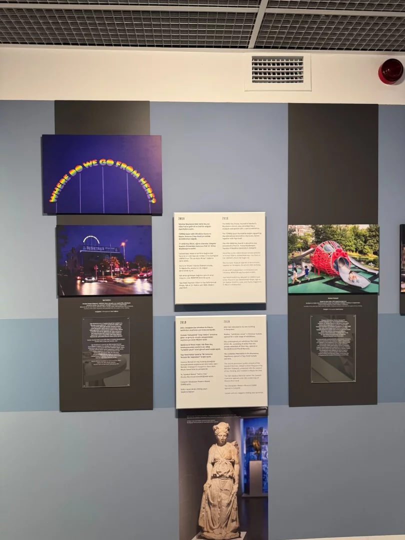 Koç Topluluğu'nun sanat ve kültür alanındaki izlerini yansıtan, Where Do We Go From Here? başlıklı neon sanat çalışması ve Beşiktaş'a gece manzarası fotoğrafları, kırmızı bir modern heykel ve antik bir kadın heykeli gibi çeşitli eserlerle dolu, bilgi panolarının da eşlik ettiği bir sergi duvarı gözüküyor.