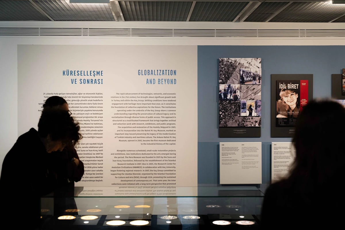 Bir Koç Topluluğu sergisinde, Küreselleşme ve Sonrası başlıklı büyük bilgilendirme panellerinin önünde duran siluet iki ziyaretçi, Koç Topluluğu'nun kültürel mirasa katkılarını ve sanat anlayışını yansıtan görsel materyalleri ve altlarındaki aydınlatmalı vitrinlerdeki objeleri dikkatle inceliyor.