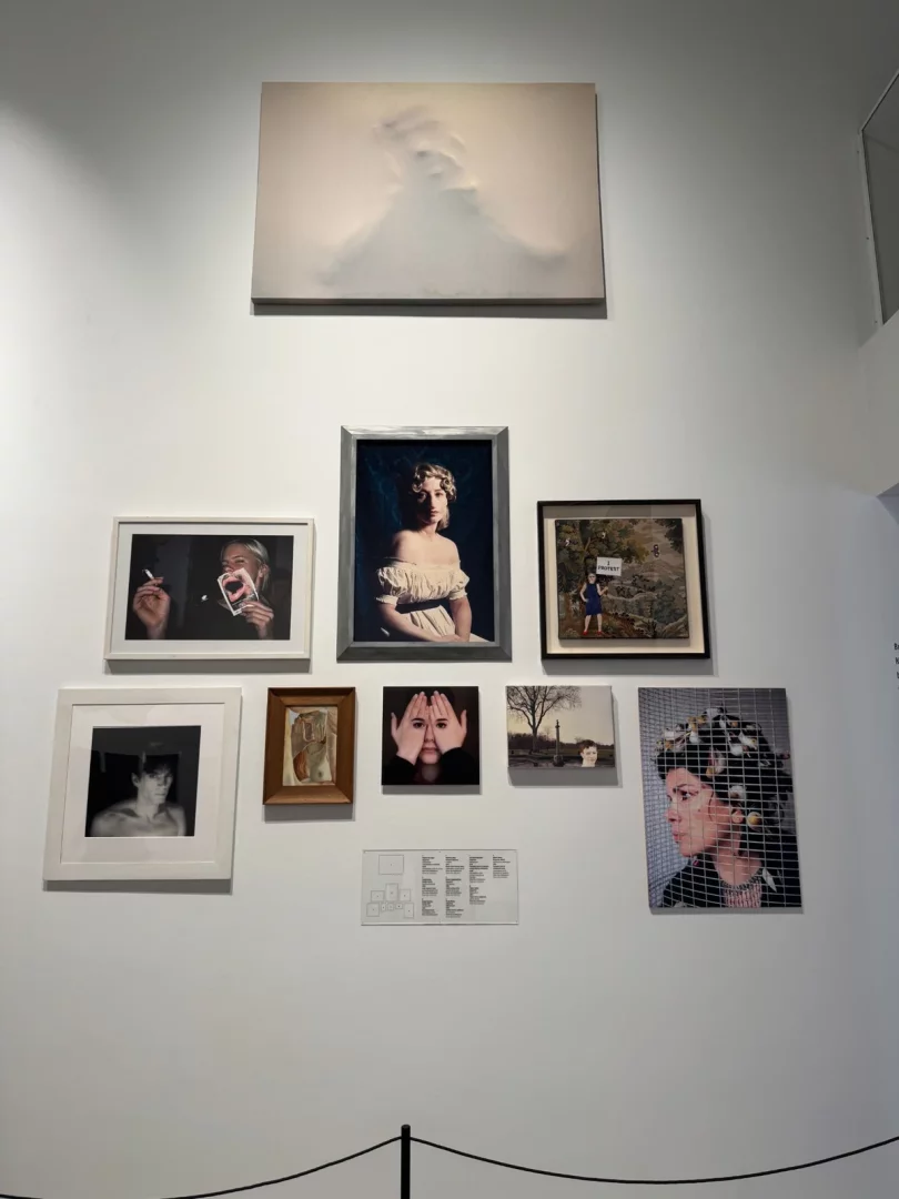 Beyaz bir galeride duvara asılmış, ortada kumaşın gerisinden çıkan bir figürün soyut gölgesi, altında sigara içen açık ağızlı bir adamın fotoğrafı, omuzları açık elbiseli ciddi bakışlı bir kadın portresi, protesto yazılı pankart tutan figürlü bir manzara kolajı ve saçında bigudileri olan gridli bir kadın portresi gibi
