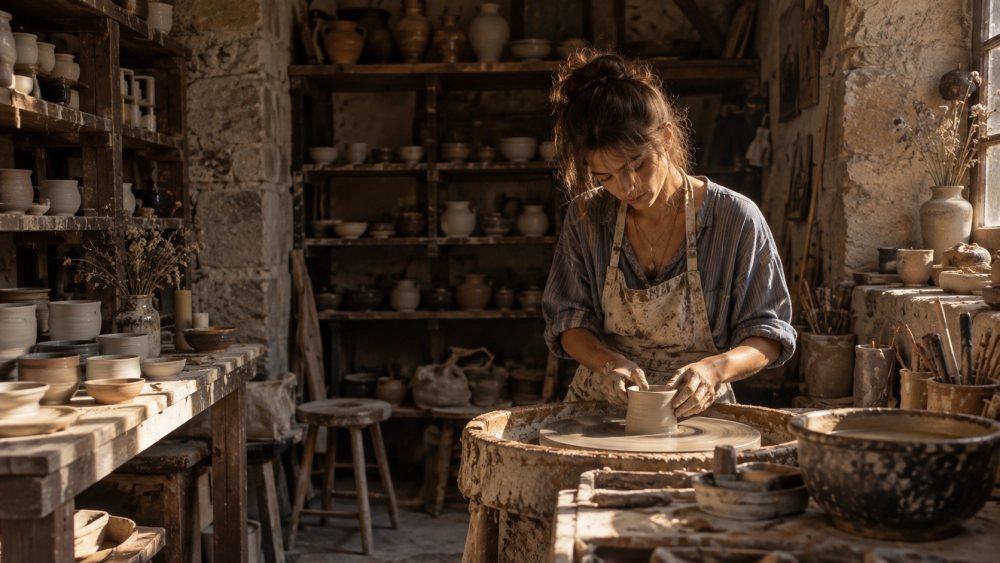 Rustik taş duvarlı bir çömlekçi atölyesinde, kirli önlüğüyle çömlekçi tekerleğinde çamuru ustalıkla şekillendiren, etrafı irili ufaklı el yapımı seramiklerle çevrili genç bir kadın, yaratıcılığın ve zanaatın derinliğine dalarak zamanı unuttuğumuz anlardan birini yaşıyor.